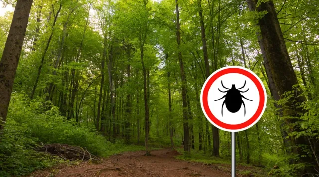 Tick insect warning sign in nature forest
